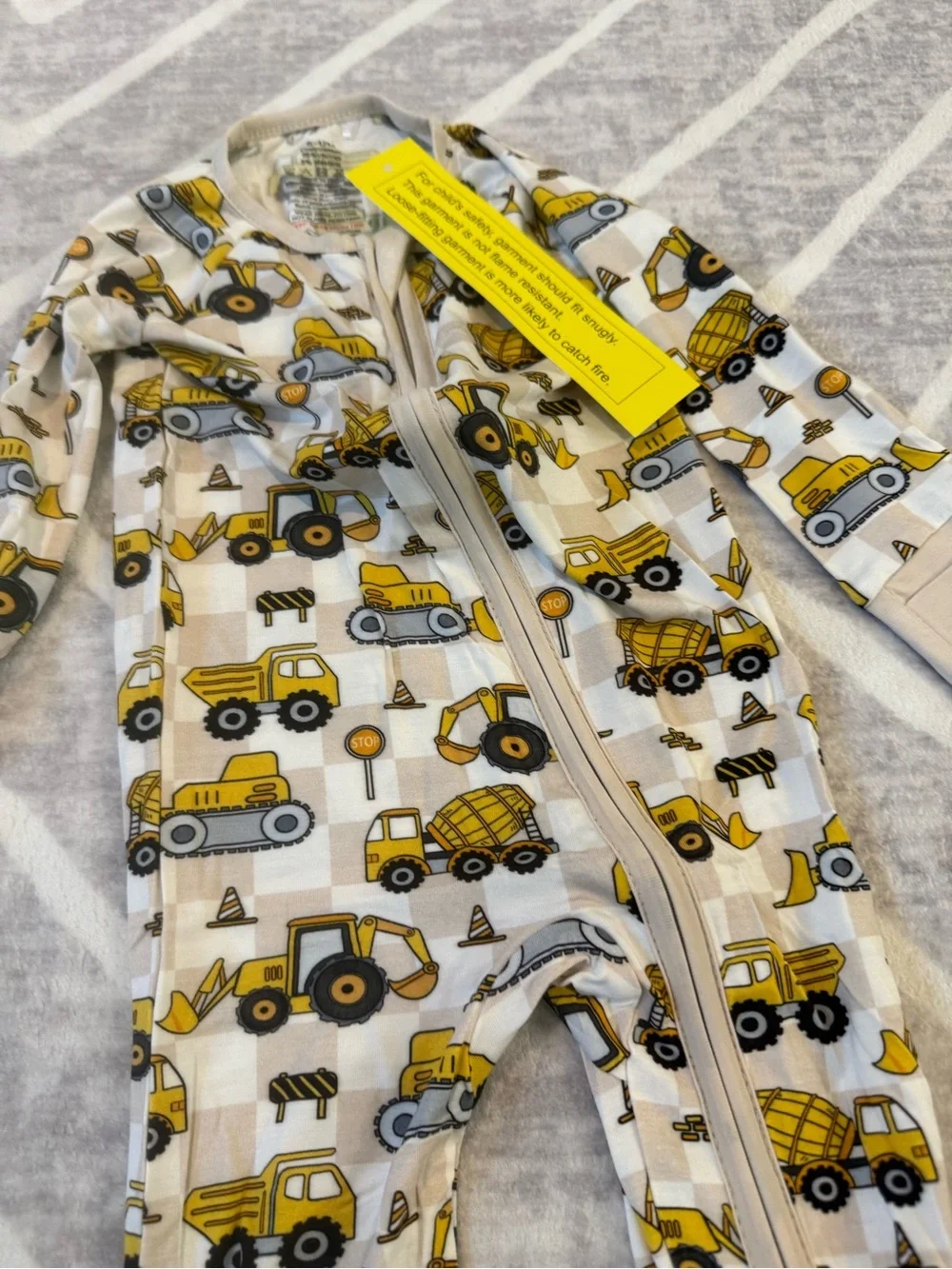 Beige One-Piece Pajama with Yellow Construction bamboo